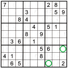 Sudoku grid with numbers showing how to use the opposite pattern once it is found